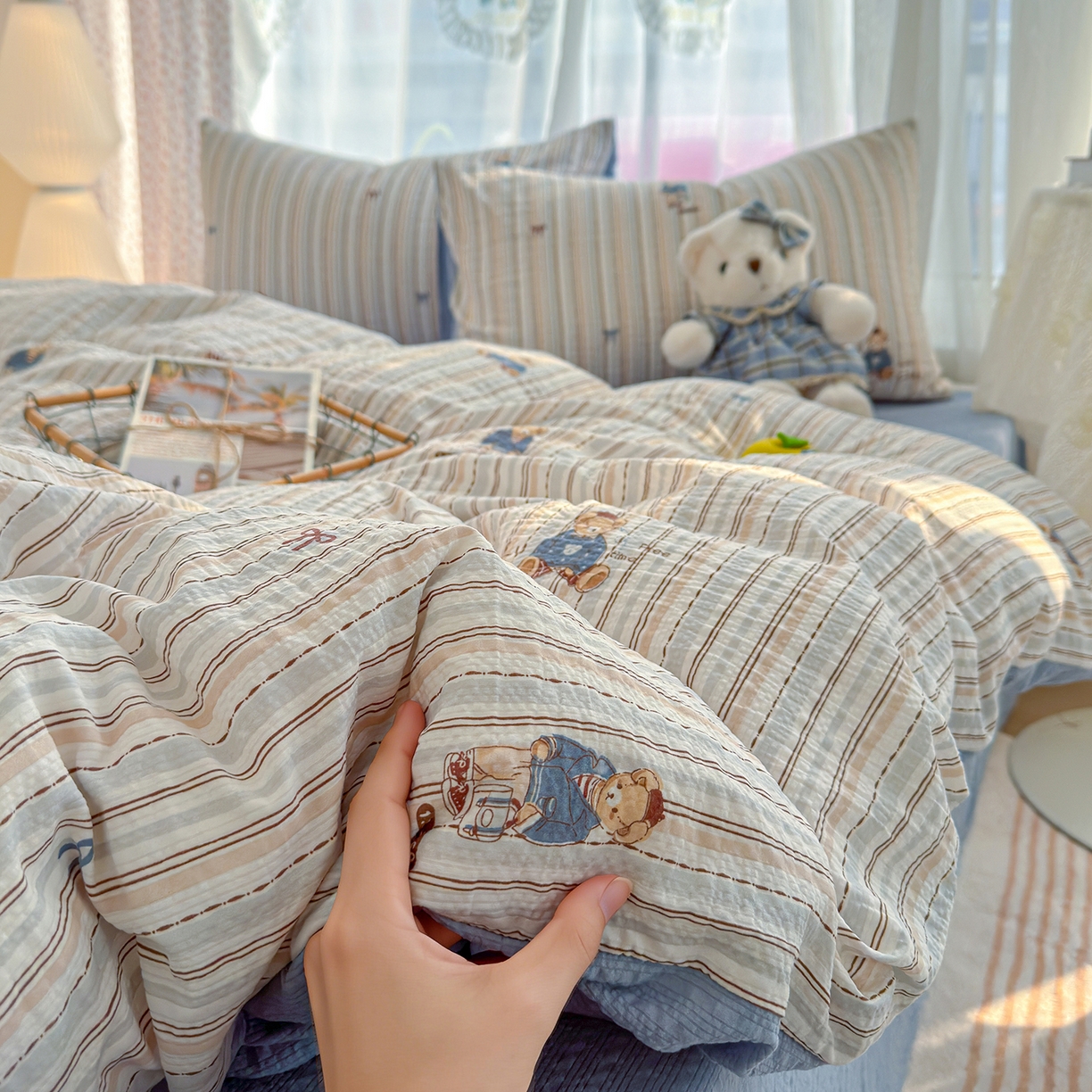 91家纺网 家纺一手货源 找家纺 铺尚美家纺 2026春夏新品高克重A类泡芙纱泡泡皱皱纱四件套 熊先生