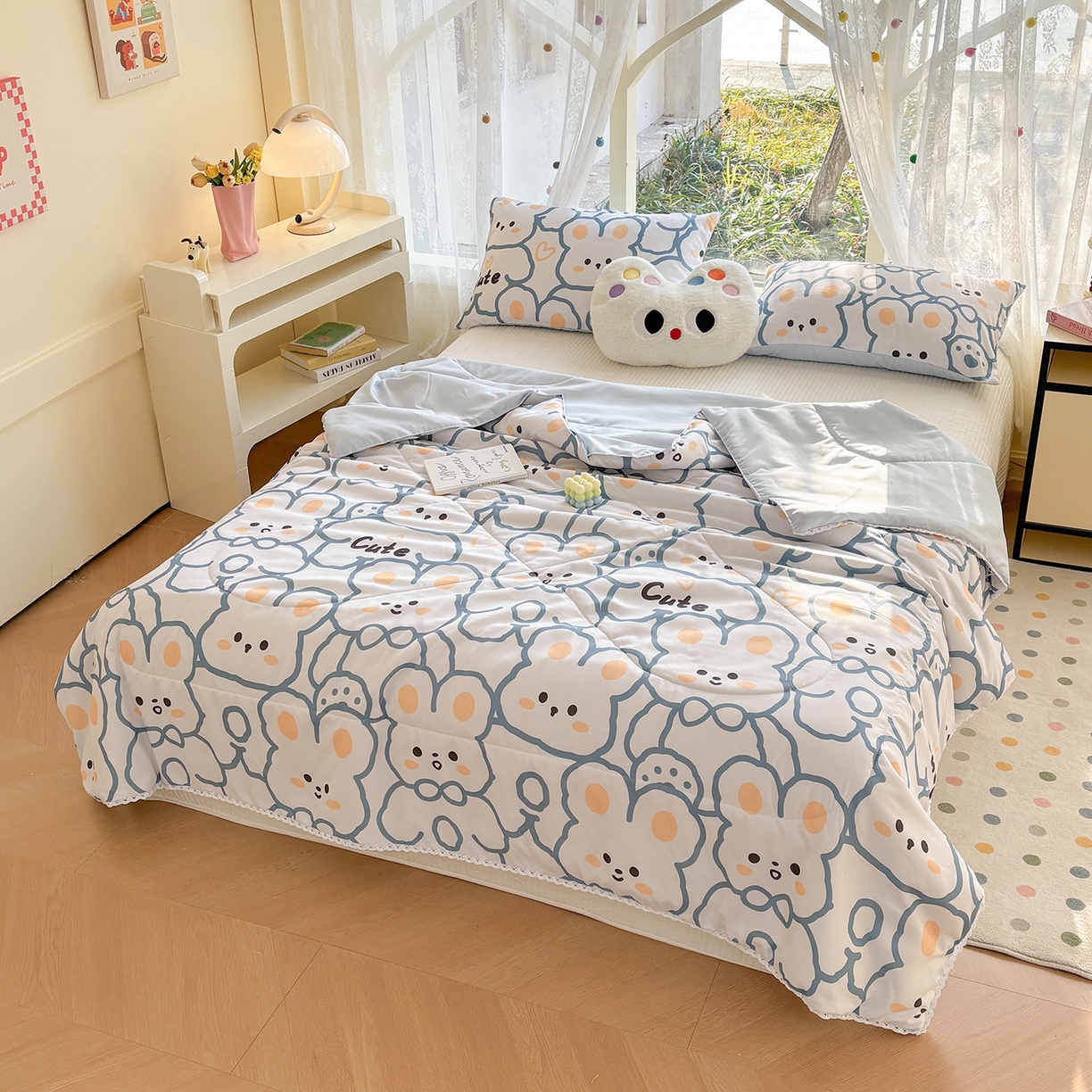 91家纺网 家纺一手货源 找家纺 恒畅 2026新款水洗小花边印花亲肤夏被夏凉被 花花兔