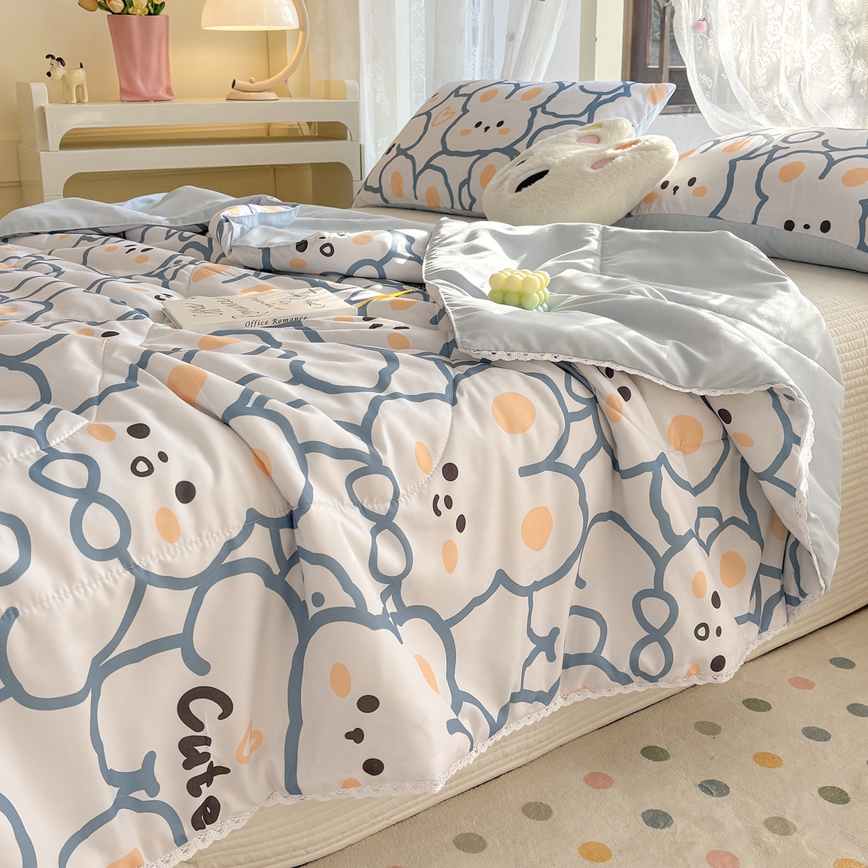 91家纺网 家纺一手货源 找家纺 恒畅 2026新款水洗小花边印花亲肤夏被夏凉被 花花兔