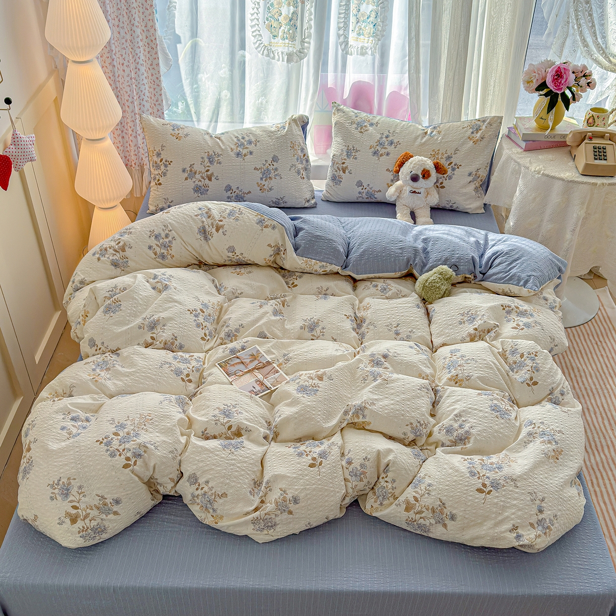 91家纺网 家纺一手货源 找家纺 铺尚美家纺 2026春夏新品高克重A类泡芙纱泡泡皱皱纱四件套 幽兰花谷