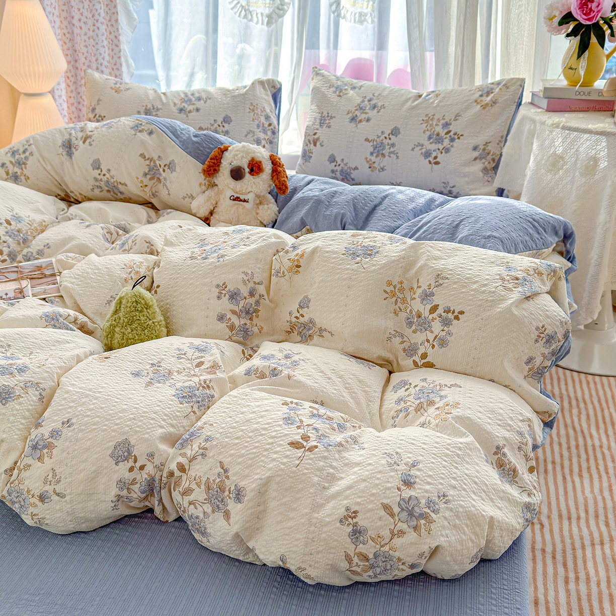 91家纺网 家纺一手货源 找家纺 铺尚美家纺 2026春夏新品高克重A类泡芙纱泡泡皱皱纱四件套 幽兰花谷