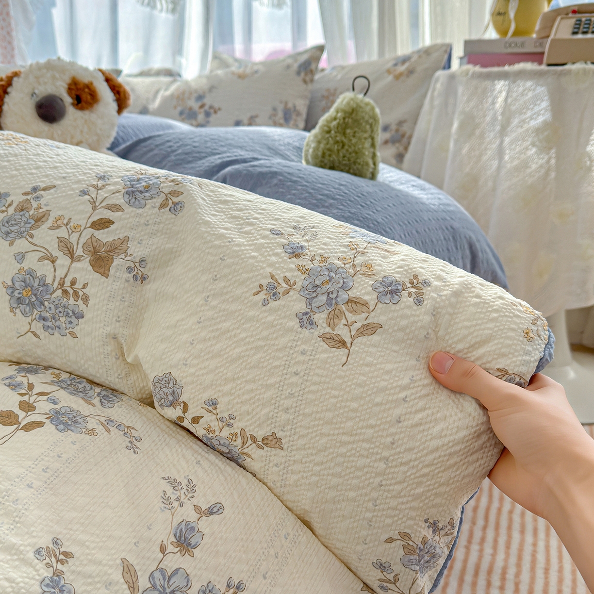 91家纺网 家纺一手货源 找家纺 铺尚美家纺 2026春夏新品高克重A类泡芙纱泡泡皱皱纱四件套 幽兰花谷