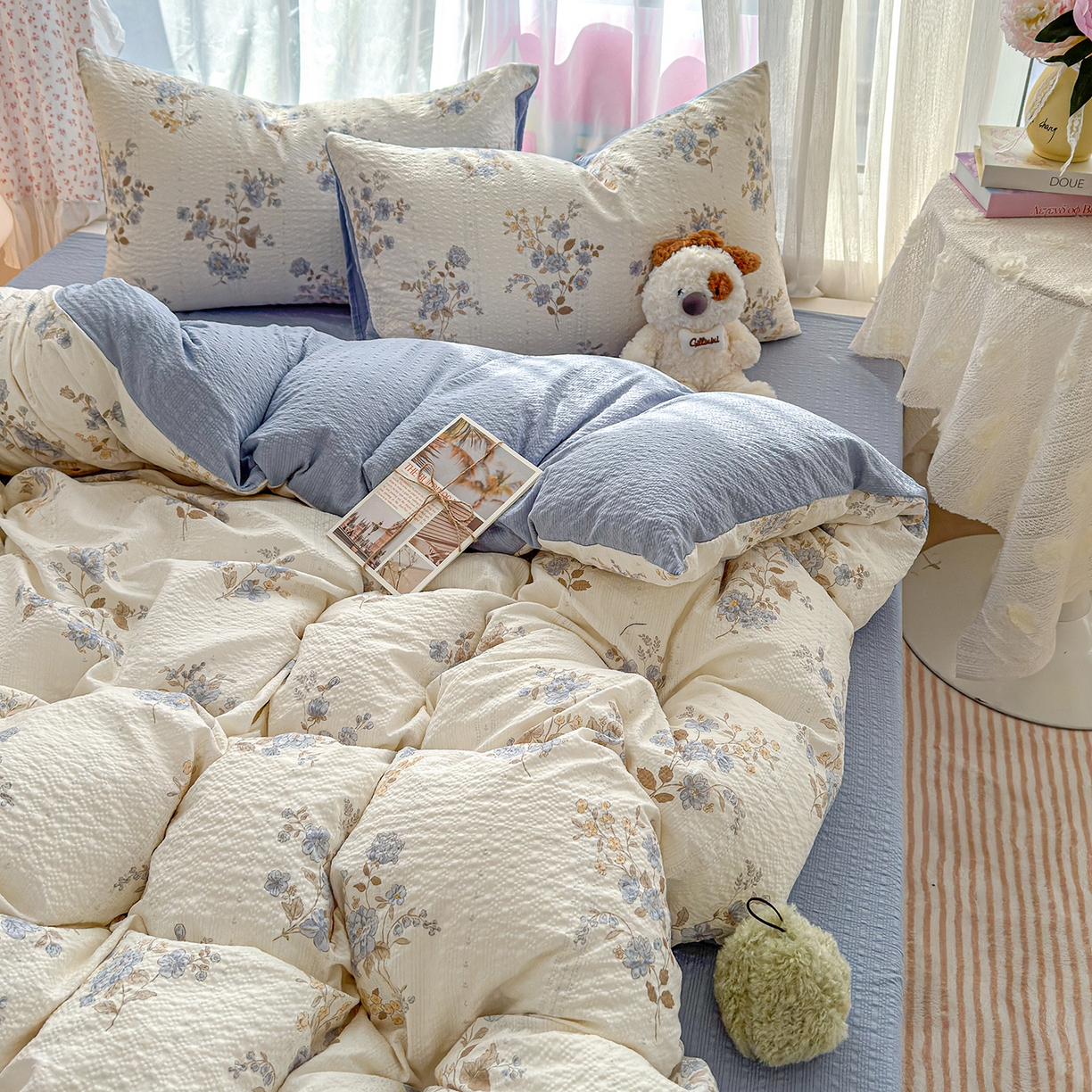 91家纺网 家纺一手货源 找家纺 铺尚美家纺 2026春夏新品高克重A类泡芙纱泡泡皱皱纱四件套 幽兰花谷