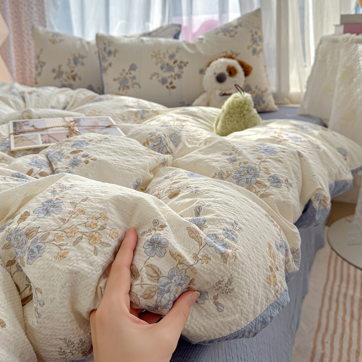 91家纺网 家纺一手货源 找家纺 铺尚美家纺 2026春夏新品高克重A类泡芙纱泡泡皱皱纱四件套 幽兰花谷