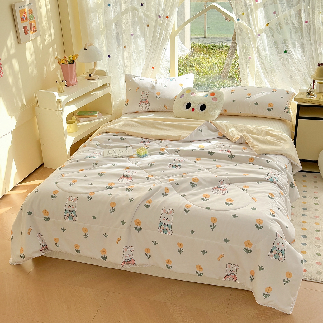 91家纺网 家纺一手货源 找家纺 恒畅 2026新款水洗小花边印花亲肤夏被夏凉被 快乐兔兔