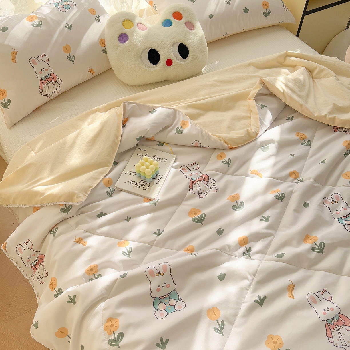 91家纺网 家纺一手货源 找家纺 恒畅 2026新款水洗小花边印花亲肤夏被夏凉被 快乐兔兔