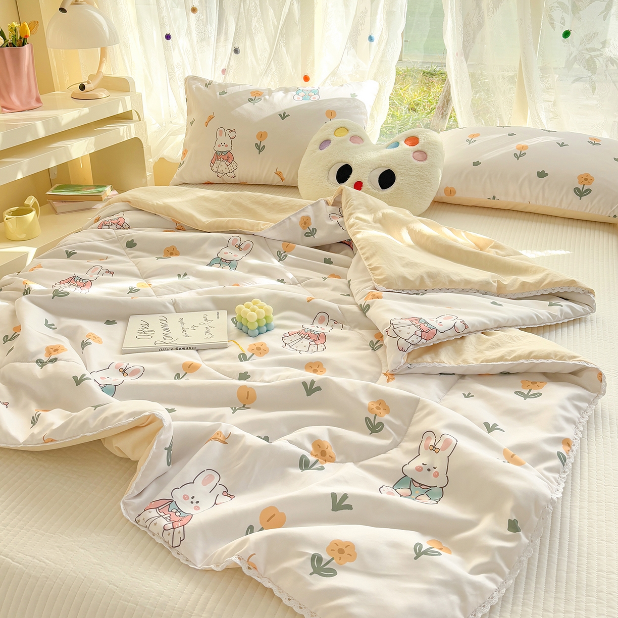 91家纺网 家纺一手货源 找家纺 恒畅 2026新款水洗小花边印花亲肤夏被夏凉被 快乐兔兔