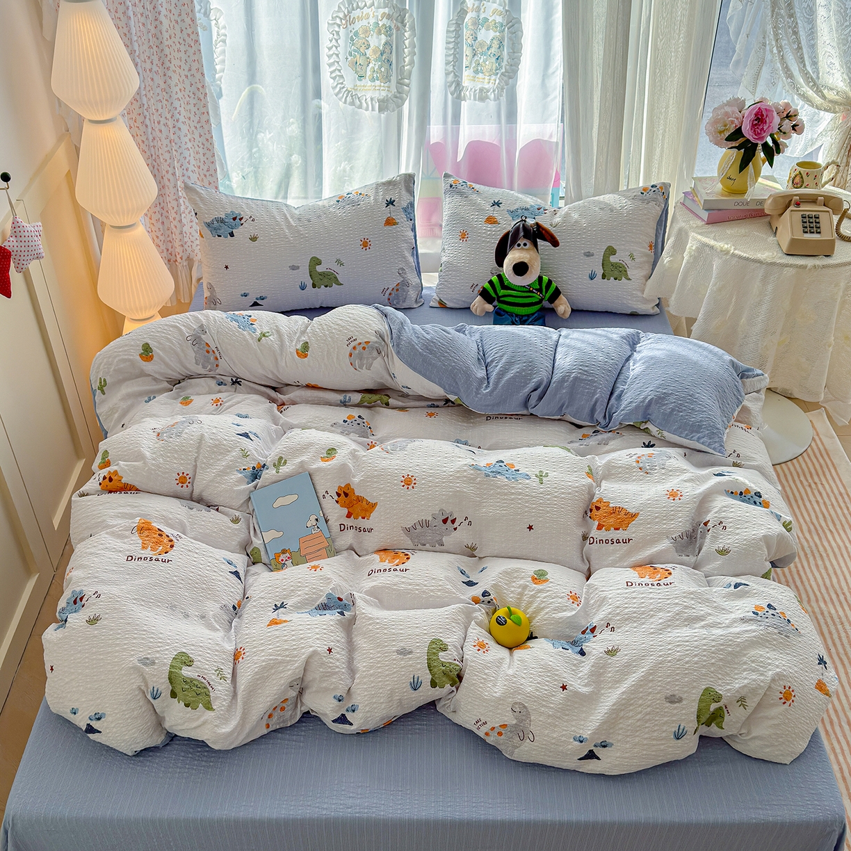 91家纺网 家纺一手货源 找家纺 铺尚美家纺 2026春夏新品高克重A类泡芙纱泡泡皱皱纱四件套 侏罗纪