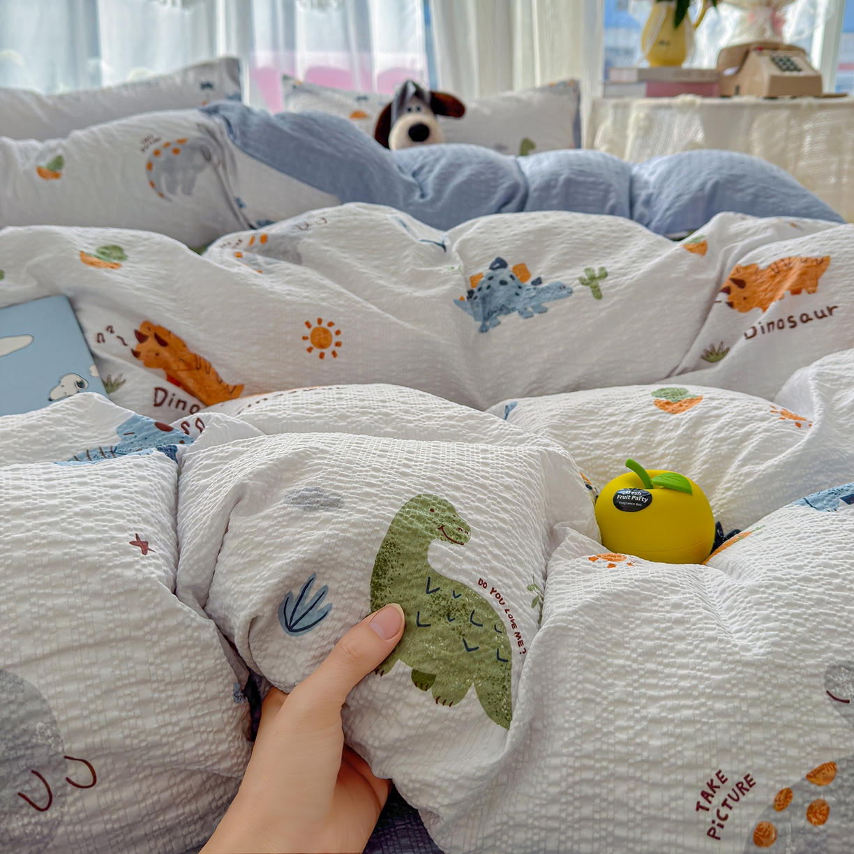 91家纺网 家纺一手货源 找家纺 铺尚美家纺 2026春夏新品高克重A类泡芙纱泡泡皱皱纱四件套 侏罗纪