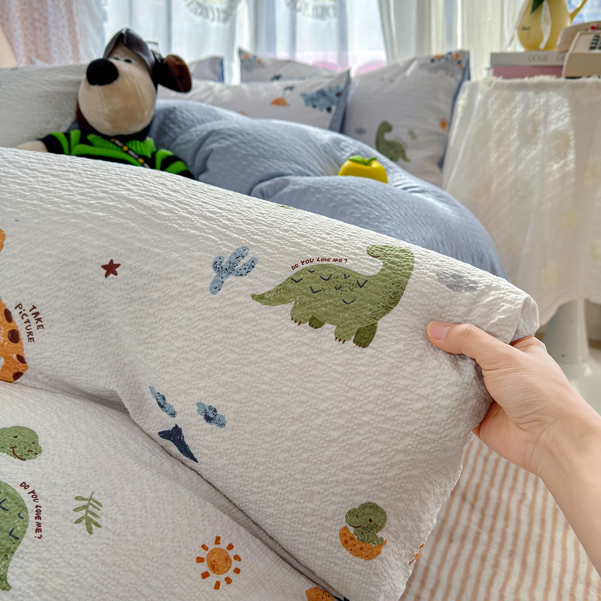 91家纺网 家纺一手货源 找家纺 铺尚美家纺 2026春夏新品高克重A类泡芙纱泡泡皱皱纱四件套 侏罗纪