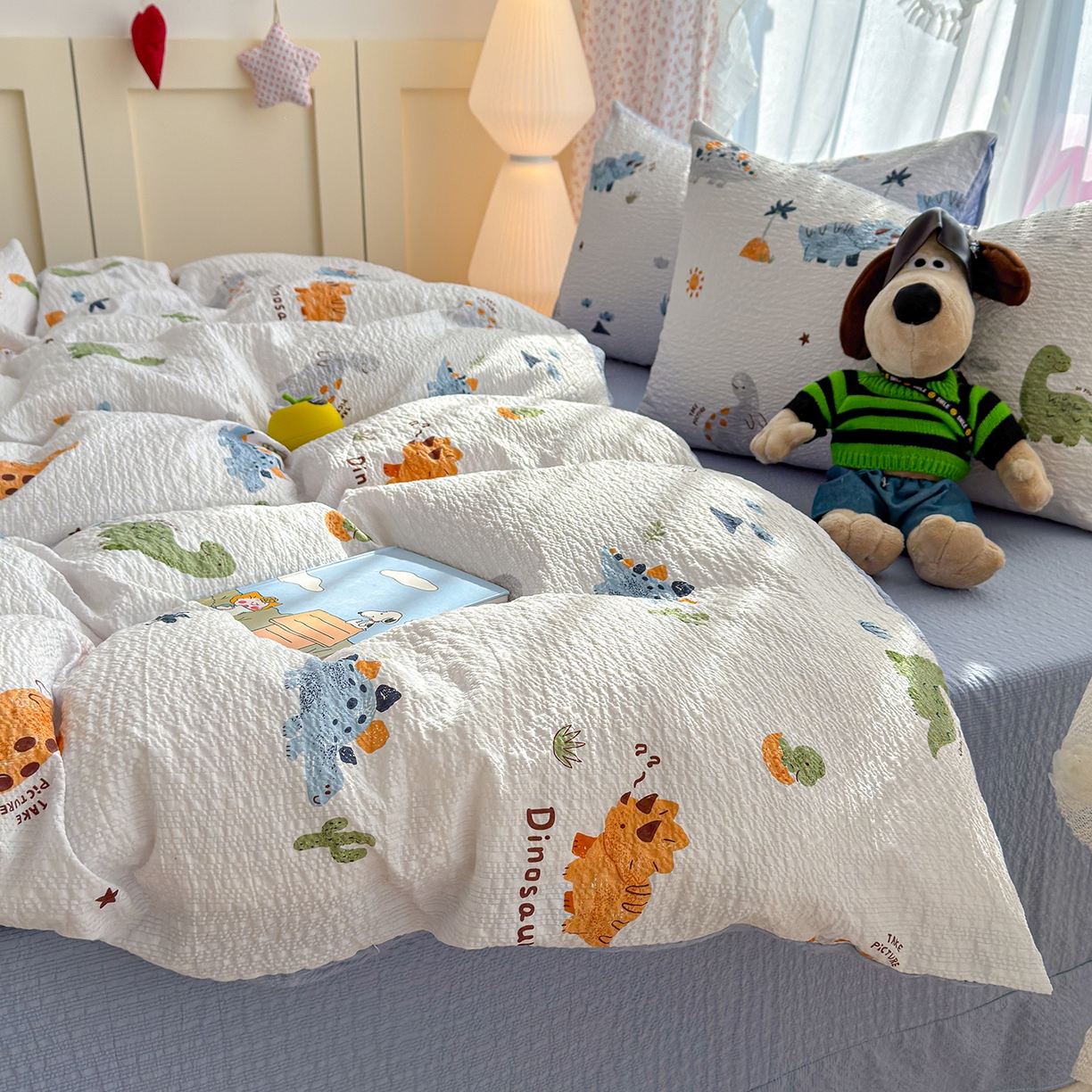 91家纺网 家纺一手货源 找家纺 铺尚美家纺 2026春夏新品高克重A类泡芙纱泡泡皱皱纱四件套 侏罗纪