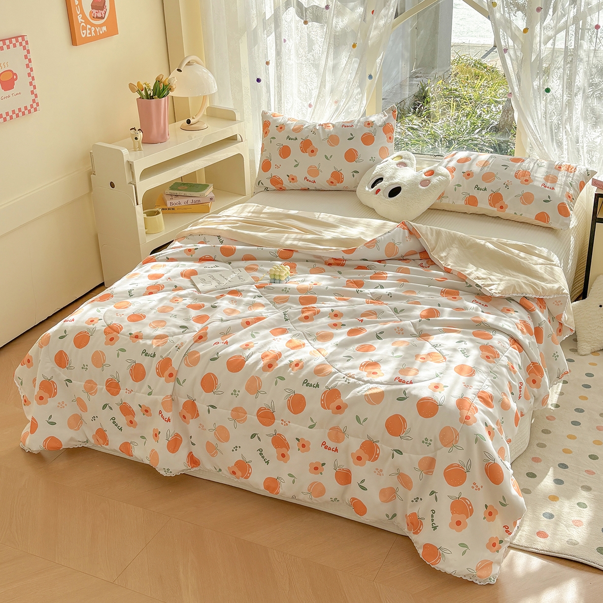 91家纺网 家纺一手货源 找家纺 恒畅 2026新款水洗小花边印花亲肤夏被夏凉被 桃气橙橙