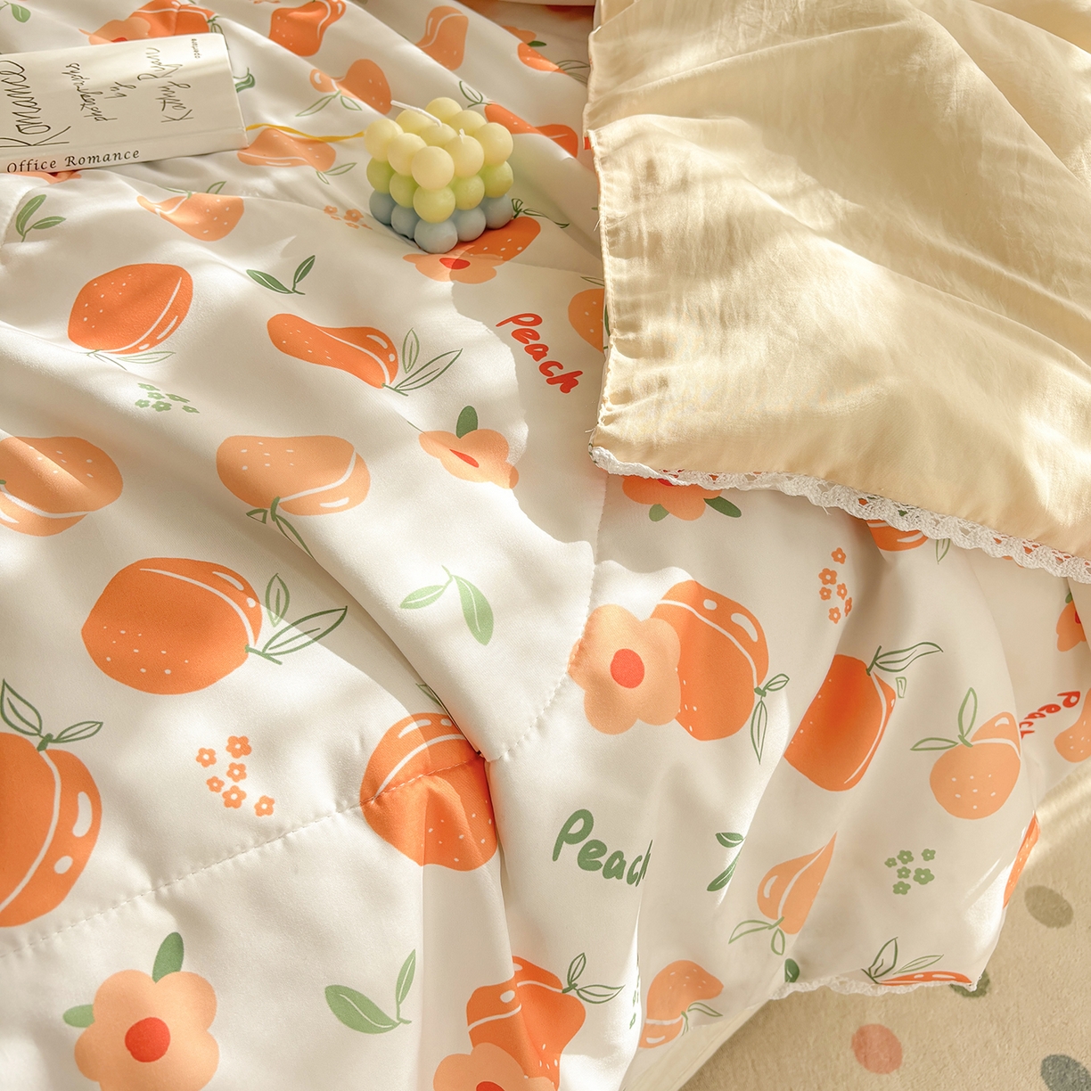 91家纺网 家纺一手货源 找家纺 恒畅 2026新款水洗小花边印花亲肤夏被夏凉被 桃气橙橙