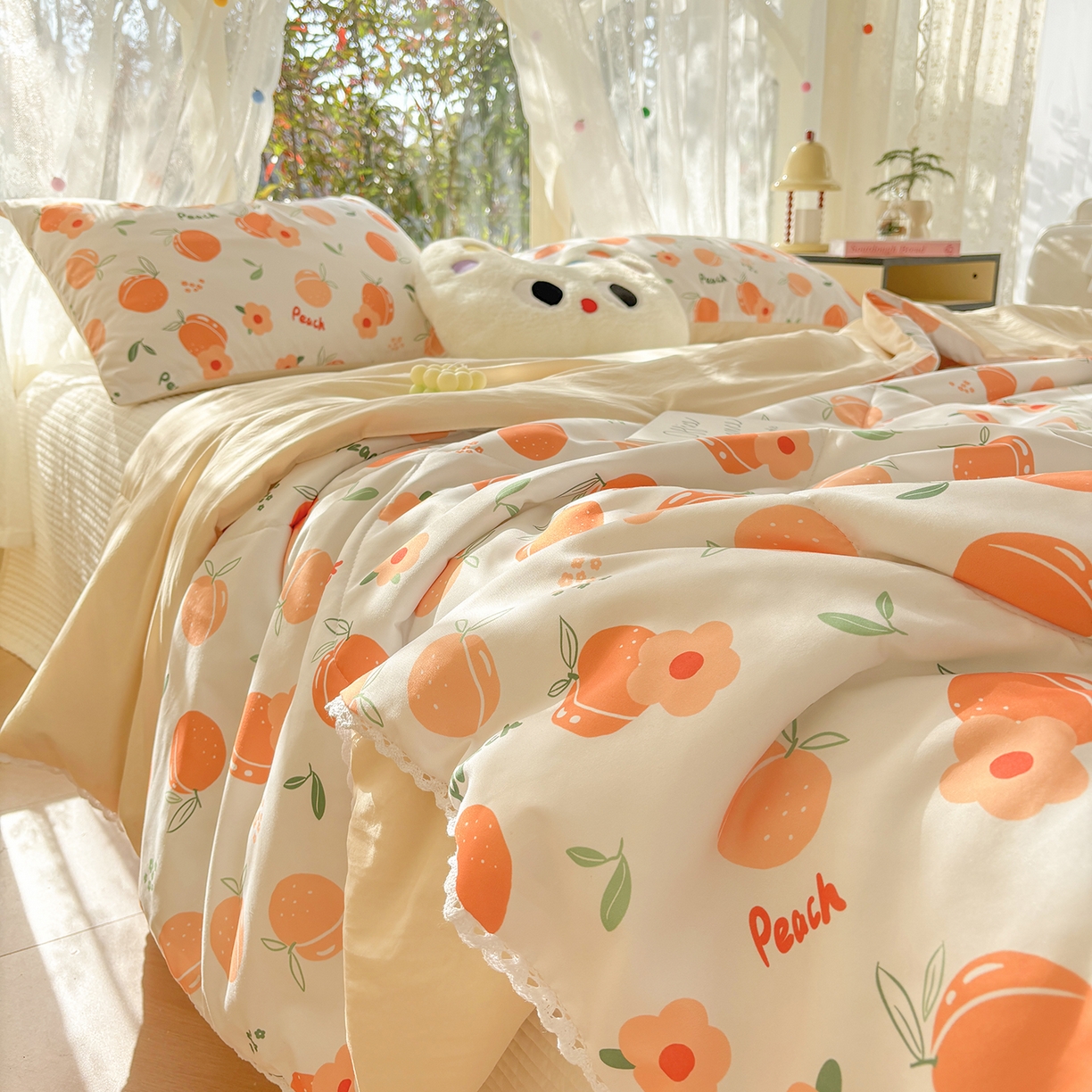 91家纺网 家纺一手货源 找家纺 恒畅 2026新款水洗小花边印花亲肤夏被夏凉被 桃气橙橙