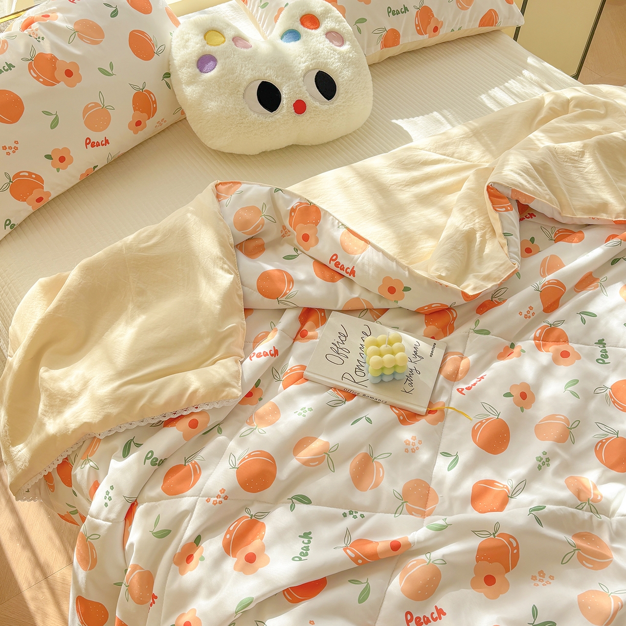 91家纺网 家纺一手货源 找家纺 恒畅 2026新款水洗小花边印花亲肤夏被夏凉被 桃气橙橙