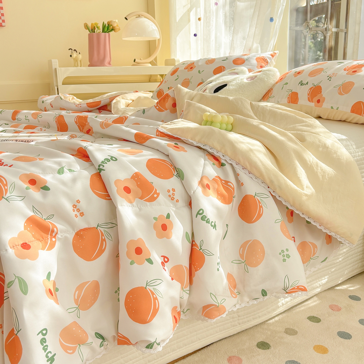 91家纺网 家纺一手货源 找家纺 恒畅 2026新款水洗小花边印花亲肤夏被夏凉被 桃气橙橙