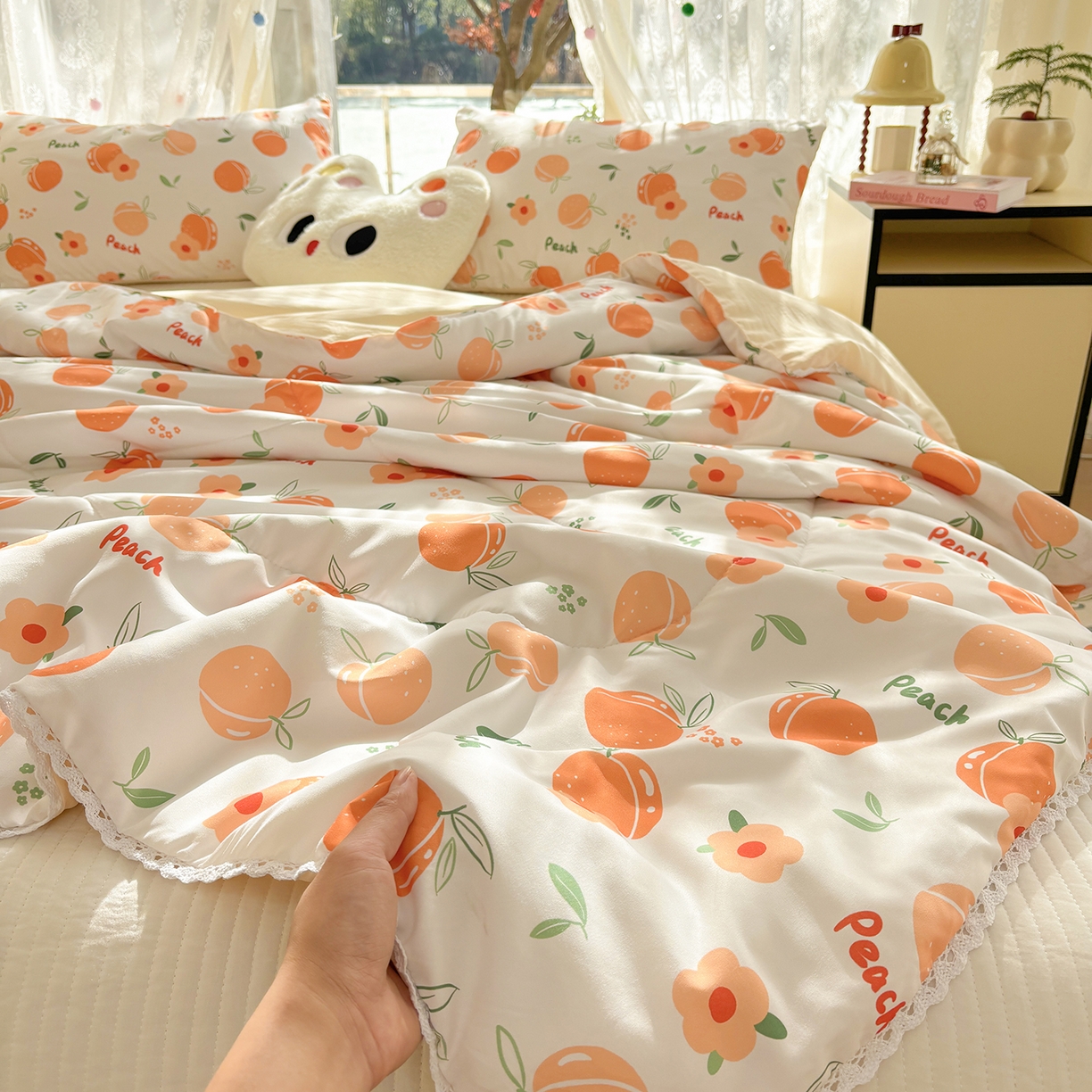 91家纺网 家纺一手货源 找家纺 恒畅 2026新款水洗小花边印花亲肤夏被夏凉被 桃气橙橙