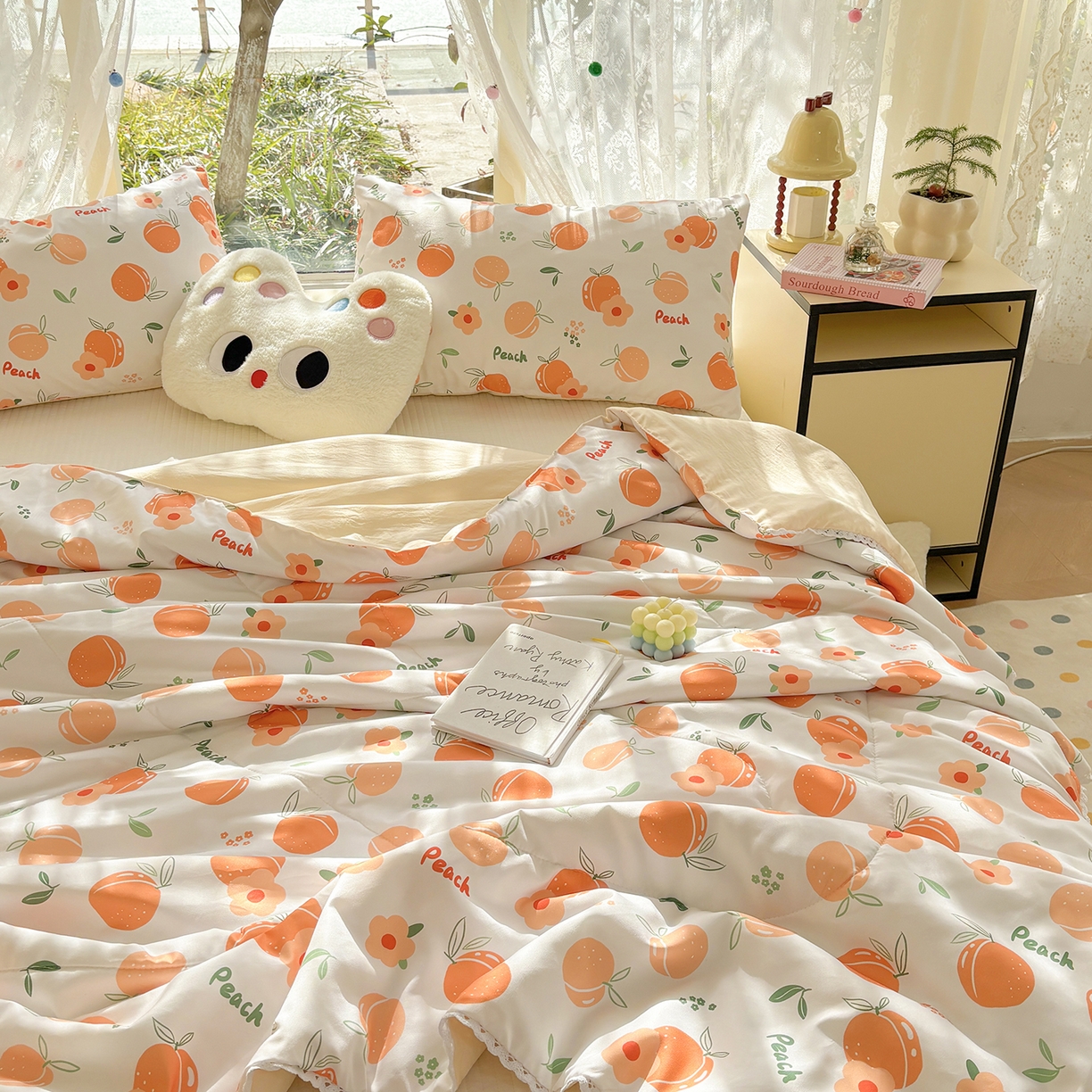 91家纺网 家纺一手货源 找家纺 恒畅 2026新款水洗小花边印花亲肤夏被夏凉被 桃气橙橙