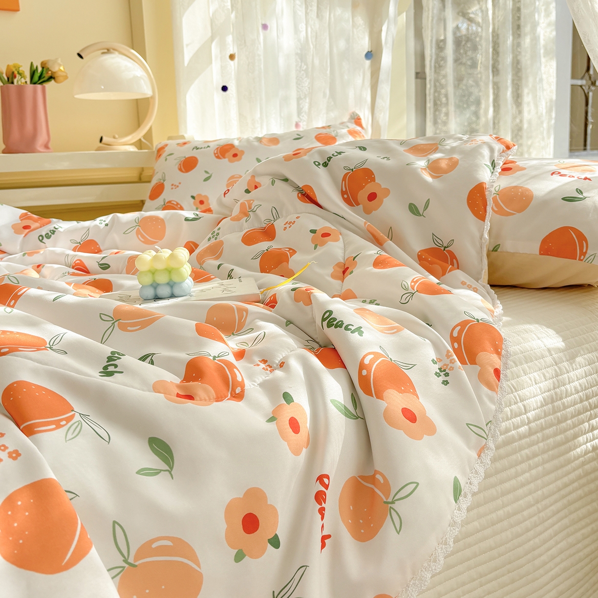 91家纺网 家纺一手货源 找家纺 恒畅 2026新款水洗小花边印花亲肤夏被夏凉被 桃气橙橙