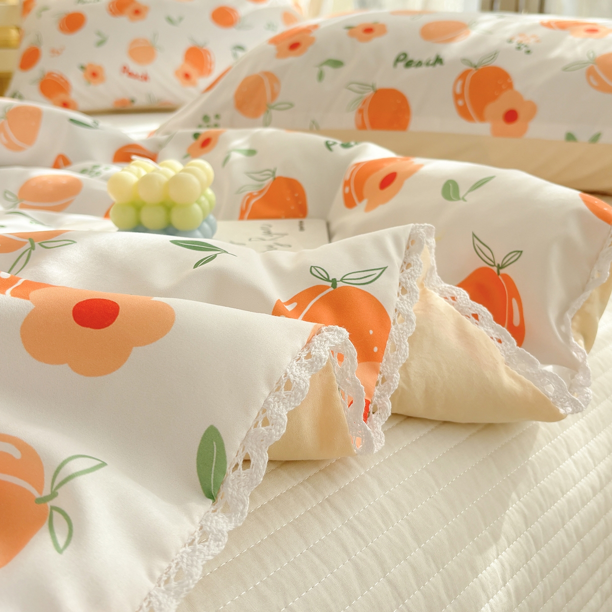 91家纺网 家纺一手货源 找家纺 恒畅 2026新款水洗小花边印花亲肤夏被夏凉被 桃气橙橙