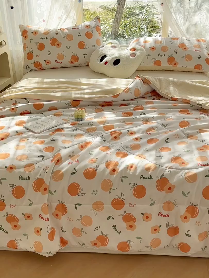 91家纺网 家纺一手货源 找家纺 恒畅 2026新款水洗小花边印花亲肤夏被夏凉被 桃气橙橙