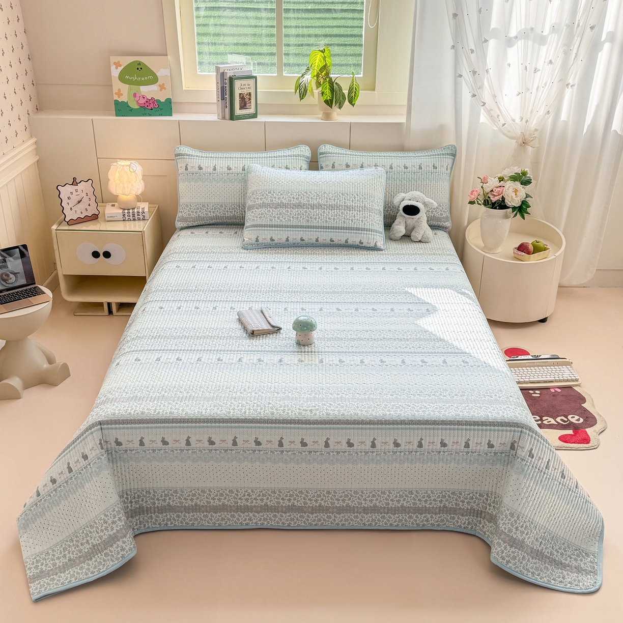 91家纺网 家纺一手货源 找家纺 康纳利 2026新款全棉床盖学生夹棉薄款床盖床垫三件套四季通用 波点兔