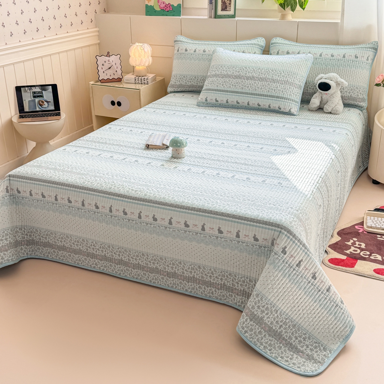 91家纺网 家纺一手货源 找家纺 康纳利 2026新款全棉床盖学生夹棉薄款床盖床垫三件套四季通用 波点兔