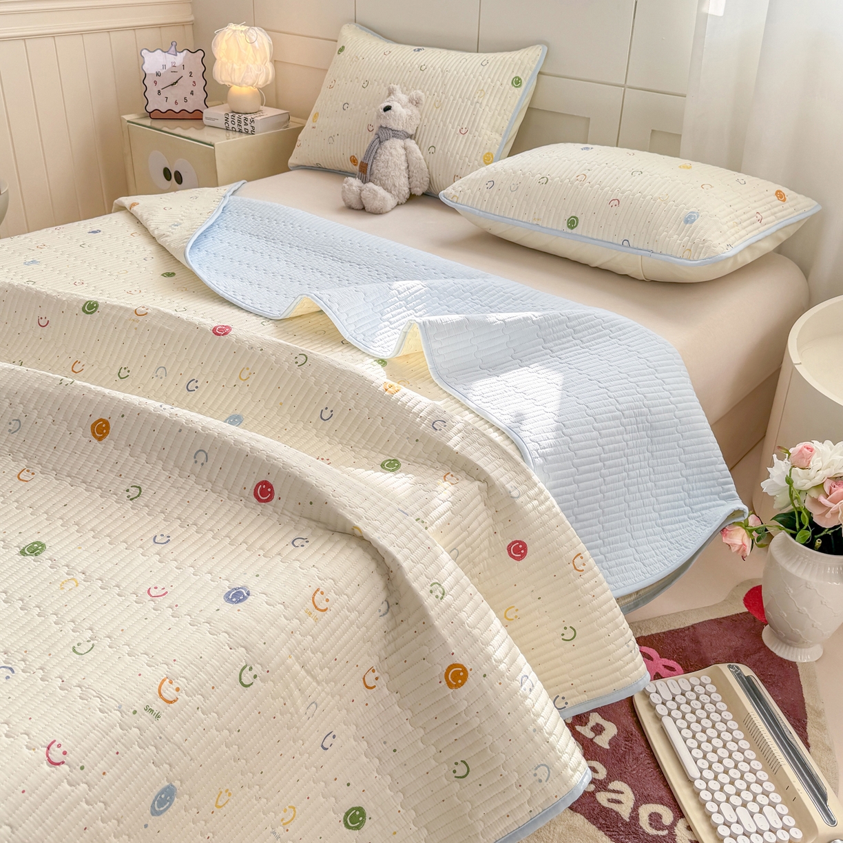 康纳利 2026新款全棉床盖学生夹棉薄款床盖床垫三件套四季通用 彩色波点