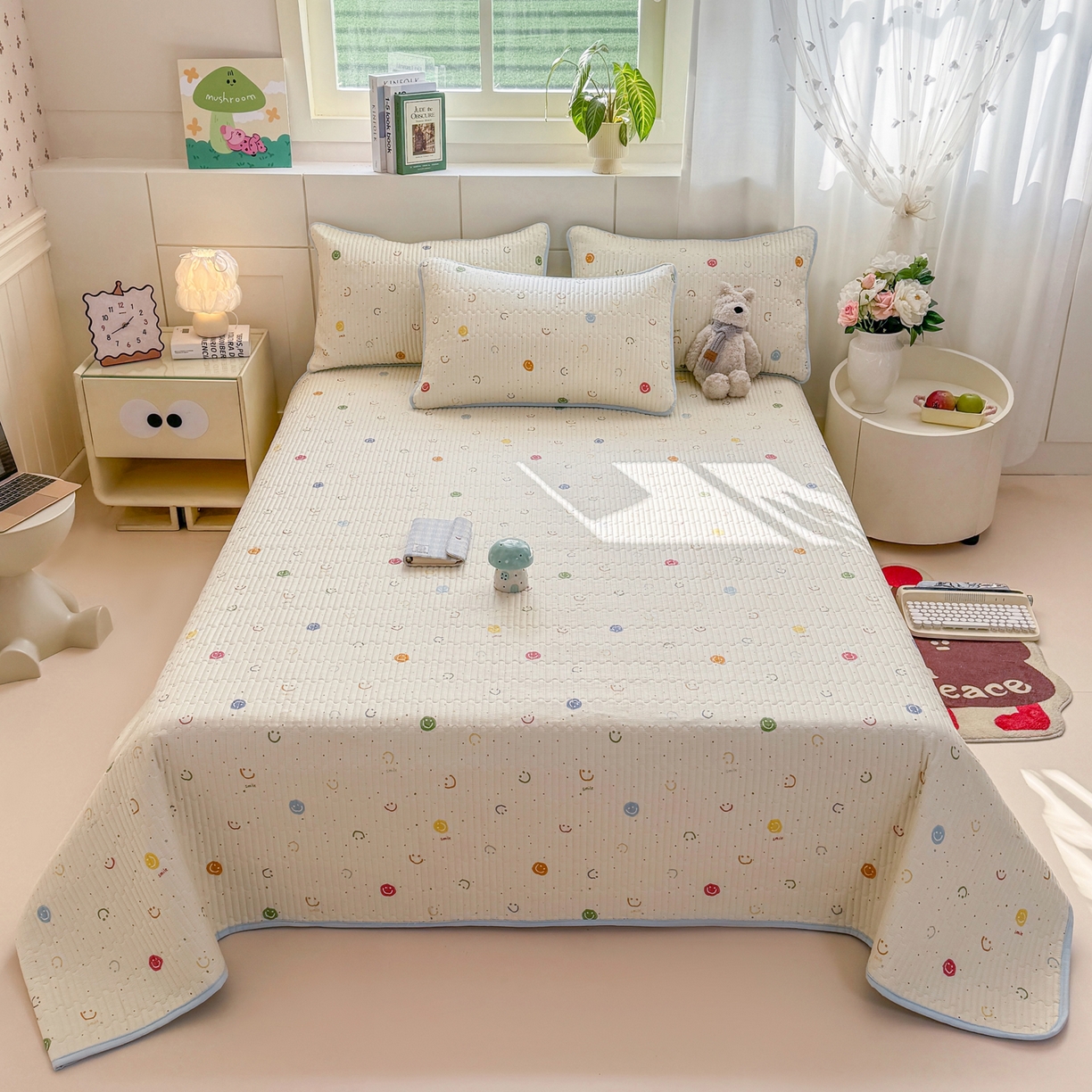 91家纺网 家纺一手货源 找家纺 康纳利 2026新款全棉床盖学生夹棉薄款床盖床垫三件套四季通用 彩色波点