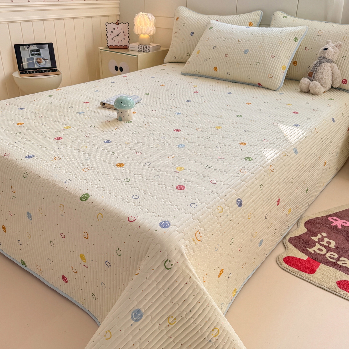 91家纺网 家纺一手货源 找家纺 康纳利 2026新款全棉床盖学生夹棉薄款床盖床垫三件套四季通用 彩色波点