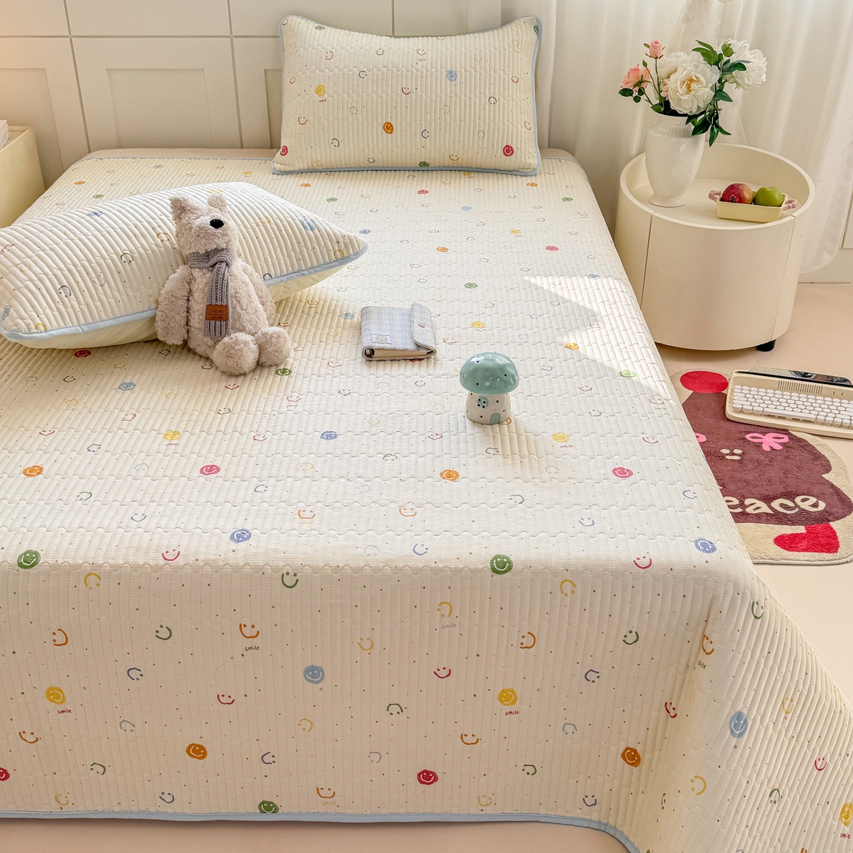 91家纺网 家纺一手货源 找家纺 康纳利 2026新款全棉床盖学生夹棉薄款床盖床垫三件套四季通用 彩色波点