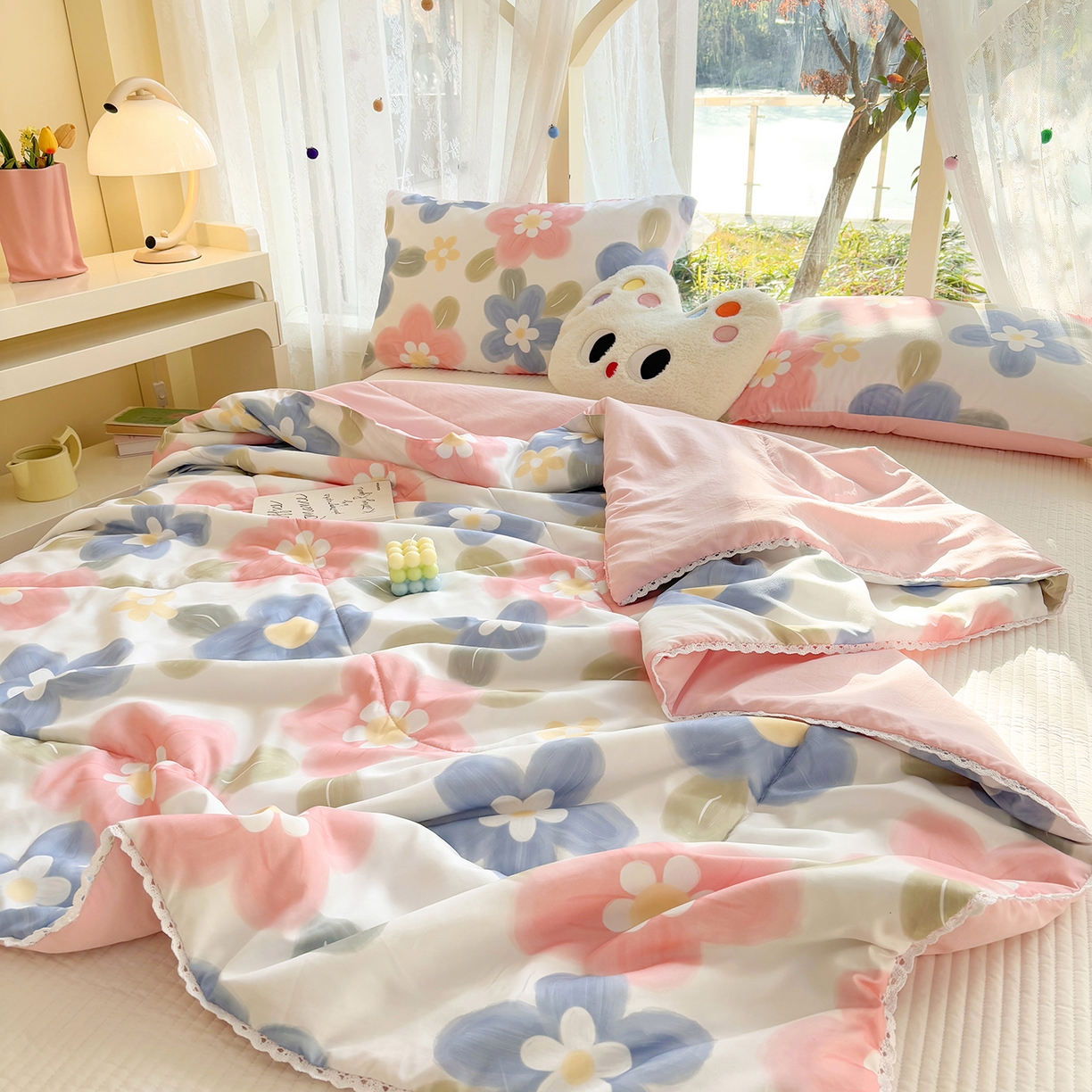 91家纺网 家纺一手货源 找家纺 恒畅 2026新款水洗小花边印花亲肤夏被夏凉被 云朵花