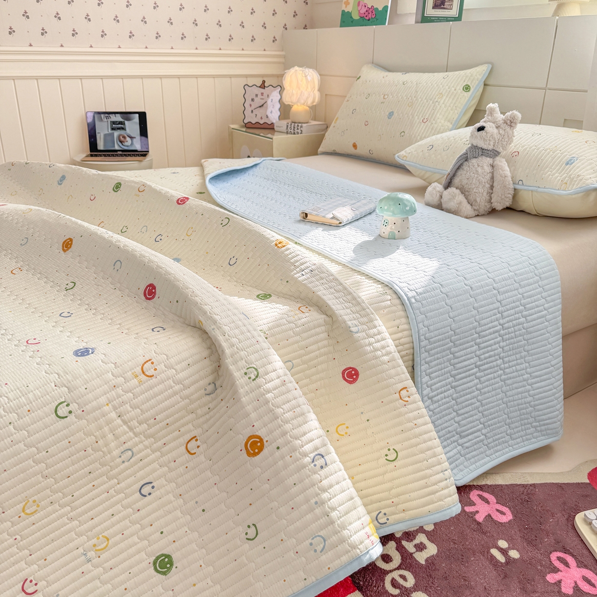 91家纺网 家纺一手货源 找家纺 康纳利 2026新款全棉床盖学生夹棉薄款床盖床垫三件套四季通用 彩色波点