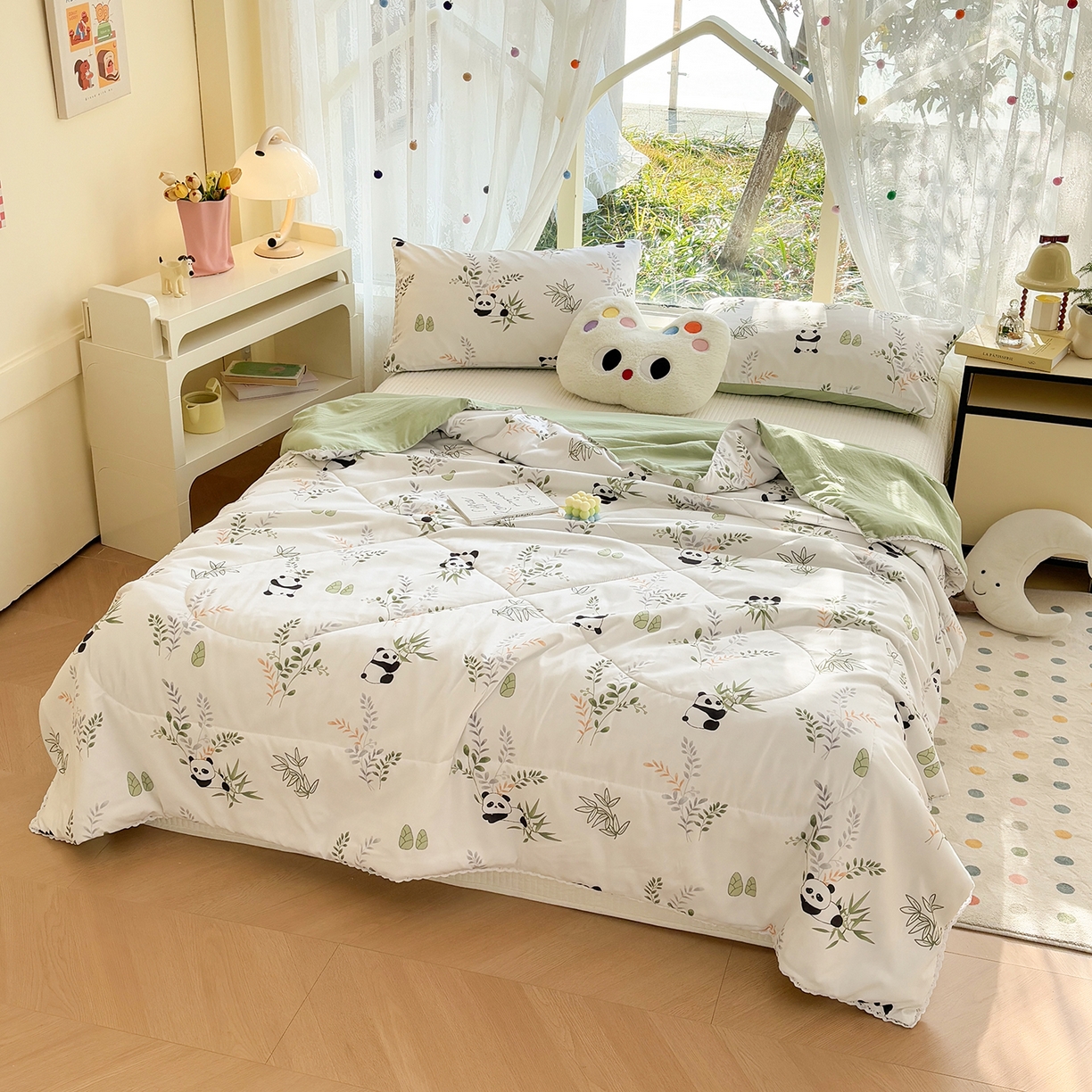 91家纺网 家纺一手货源 找家纺 恒畅 2026新款水洗小花边印花亲肤夏被夏凉被 竹子熊猫