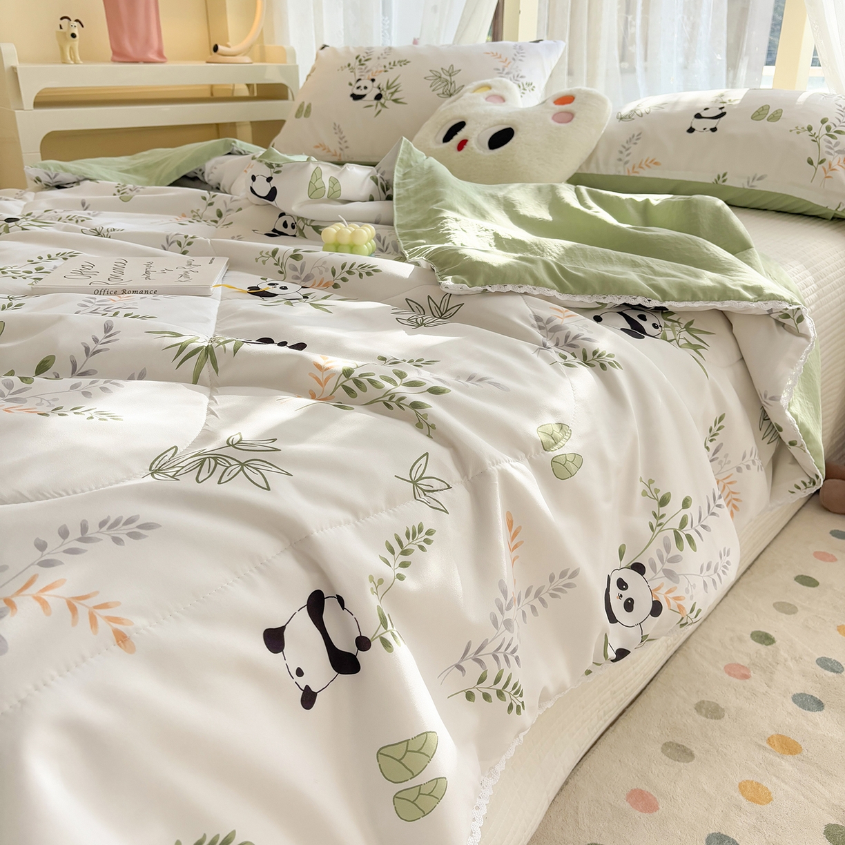 91家纺网 家纺一手货源 找家纺 恒畅 2026新款水洗小花边印花亲肤夏被夏凉被 竹子熊猫