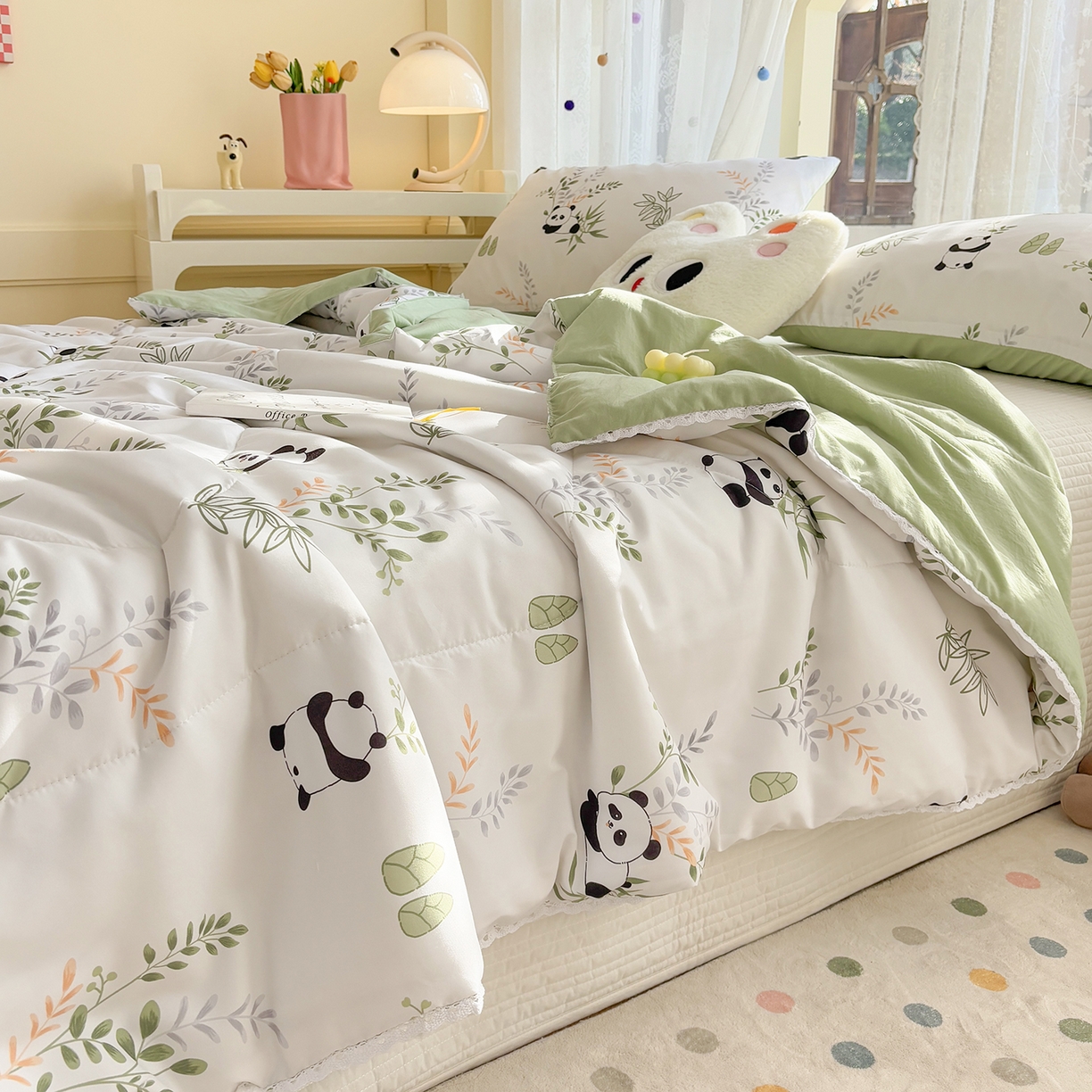 91家纺网 家纺一手货源 找家纺 恒畅 2026新款水洗小花边印花亲肤夏被夏凉被 竹子熊猫