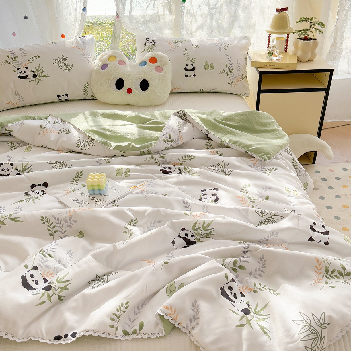 91家纺网 家纺一手货源 找家纺 恒畅 2026新款水洗小花边印花亲肤夏被夏凉被 竹子熊猫