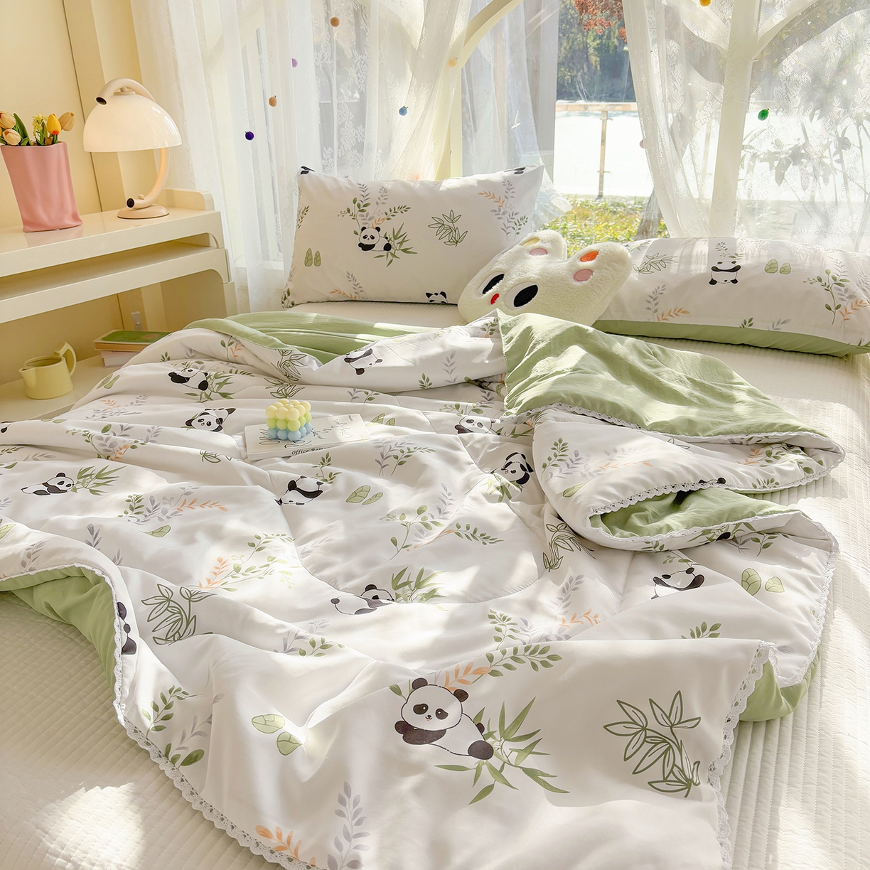 91家纺网 家纺一手货源 找家纺 恒畅 2026新款水洗小花边印花亲肤夏被夏凉被 竹子熊猫