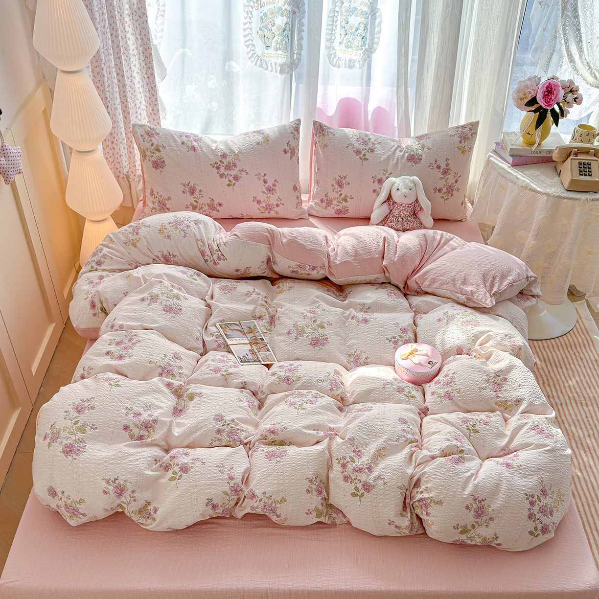 91家纺网 家纺一手货源 找家纺 铺尚美家纺 2026春夏新品高克重A类泡芙纱泡泡皱皱纱四件套 约定一粉