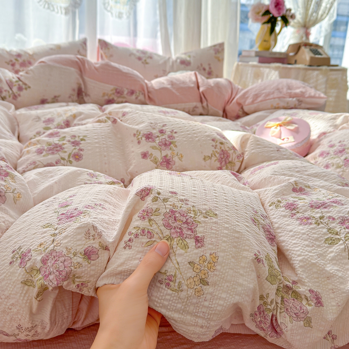 91家纺网 家纺一手货源 找家纺 铺尚美家纺 2026春夏新品高克重A类泡芙纱泡泡皱皱纱四件套 约定一粉