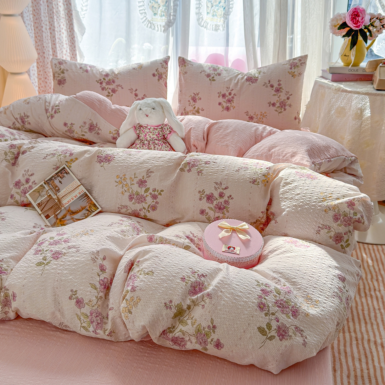 91家纺网 家纺一手货源 找家纺 铺尚美家纺 2026春夏新品高克重A类泡芙纱泡泡皱皱纱四件套 约定一粉