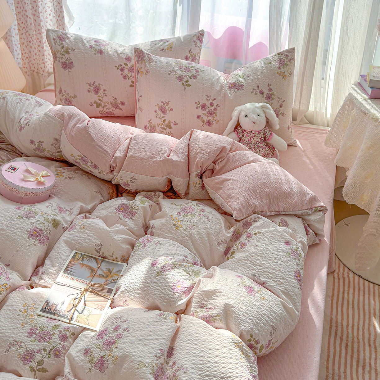 91家纺网 家纺一手货源 找家纺 铺尚美家纺 2026春夏新品高克重A类泡芙纱泡泡皱皱纱四件套 约定一粉