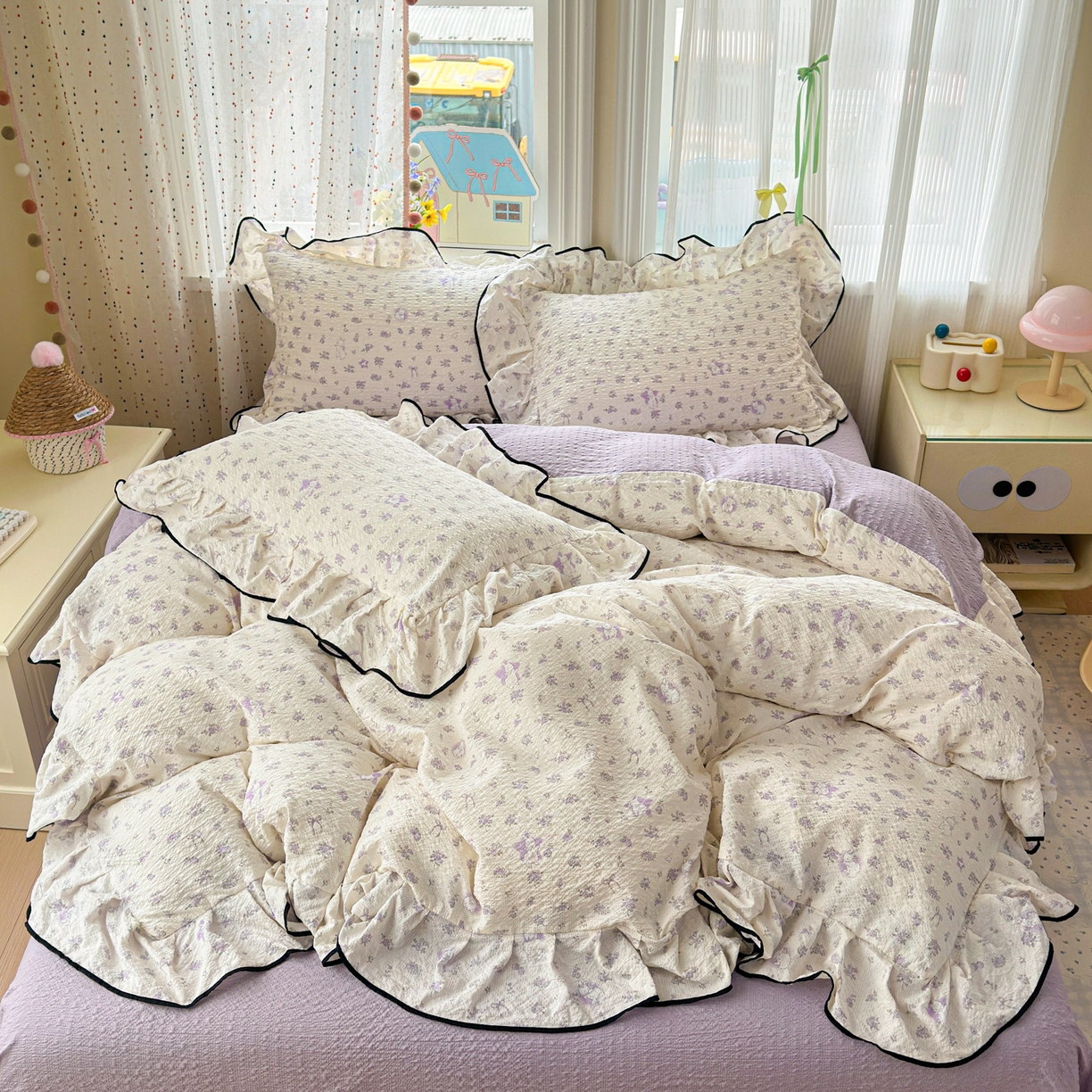 91家纺网 家纺一手货源 找家纺 德比尔斯 2026新款小清新110g高品质直播热卖款A类木耳花边泡芙棉四件套 安妮小兔