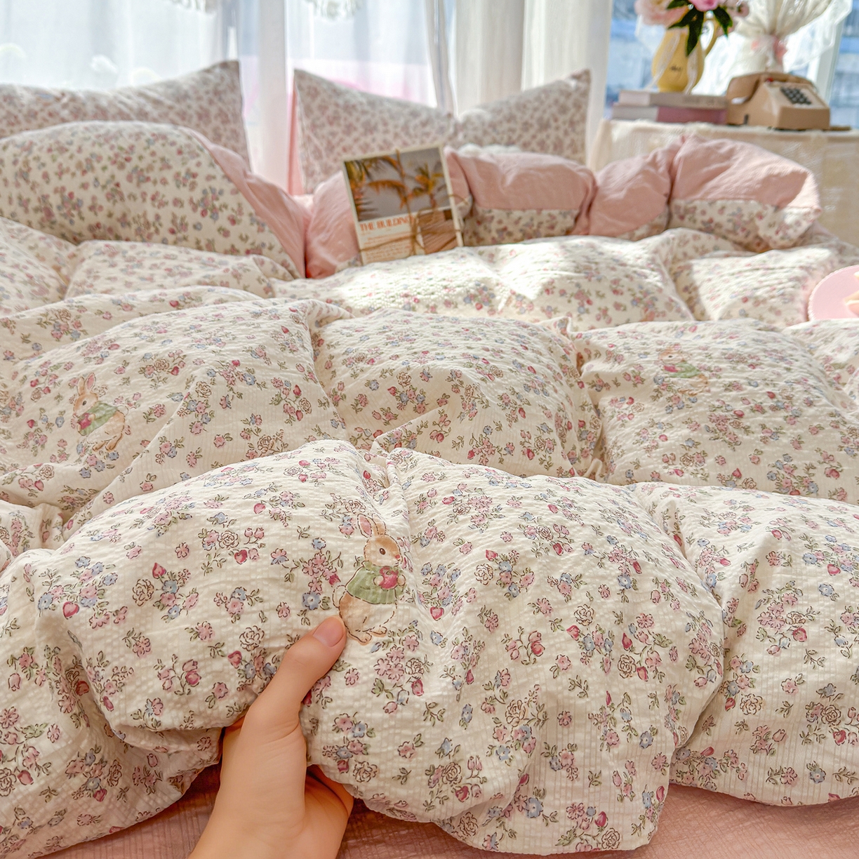 91家纺网 家纺一手货源 找家纺 铺尚美家纺 2026春夏新品高克重A类泡芙纱泡泡皱皱纱四件套 梅果小兔