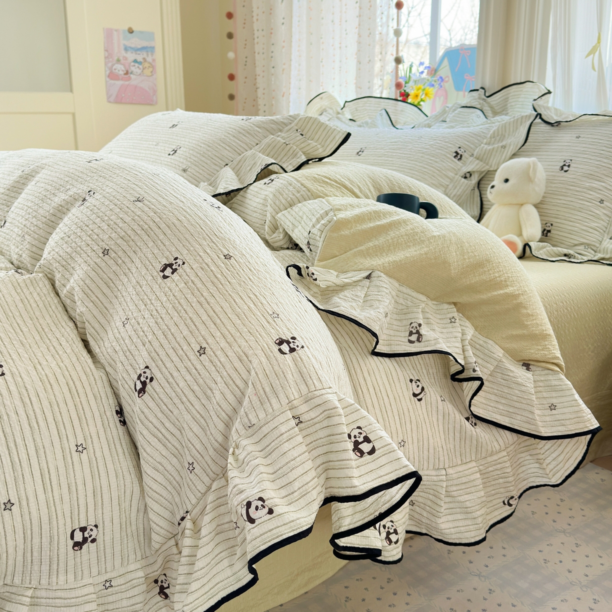 德比尔斯 2026新款小清新110g高品质直播热卖款A类木耳花边泡芙棉四件套 可爱熊猫