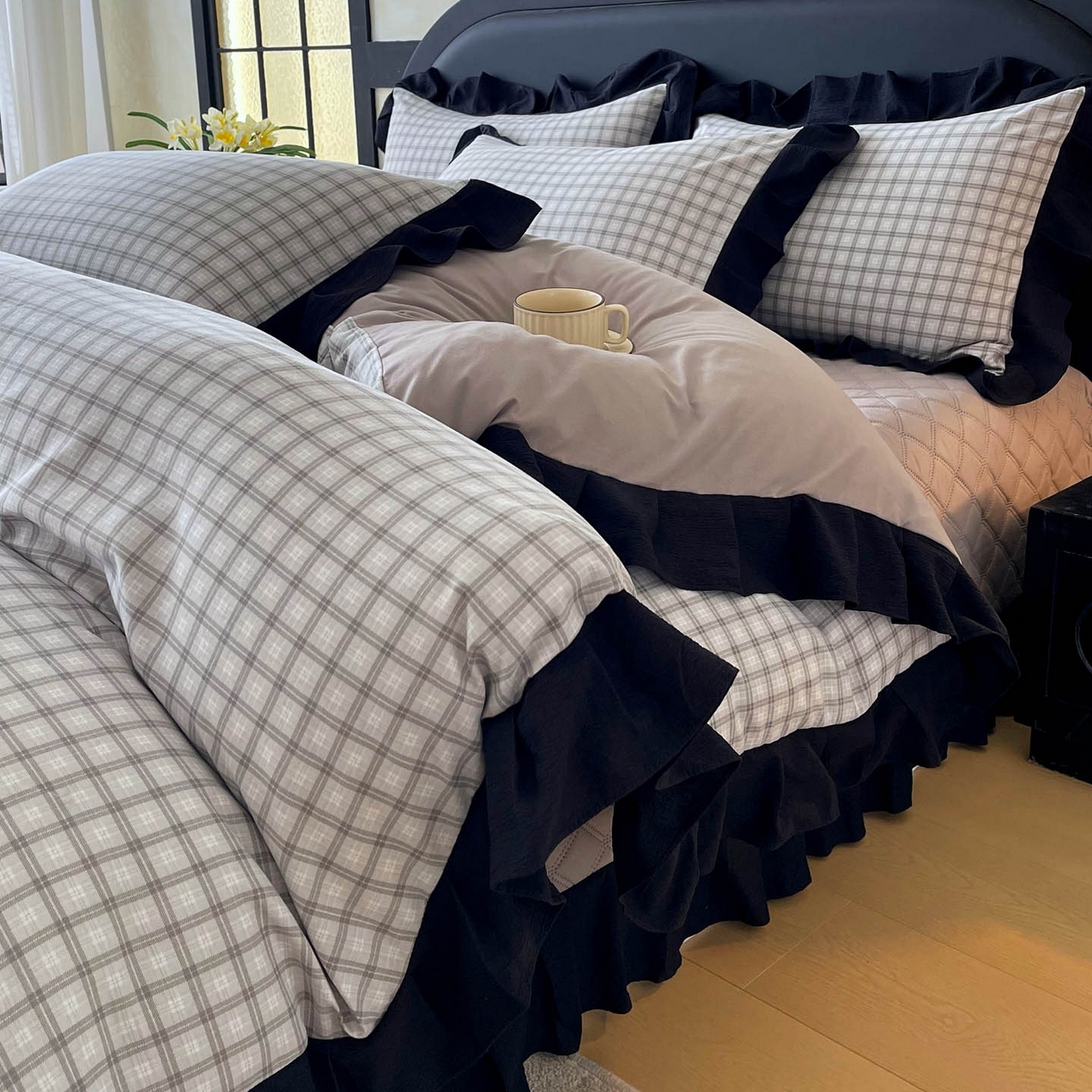 91家纺网 家纺一手货源 找家纺 麦田家纺 2026新款花边夹棉床盖四件套-西西里岛 西西里岛-山灰