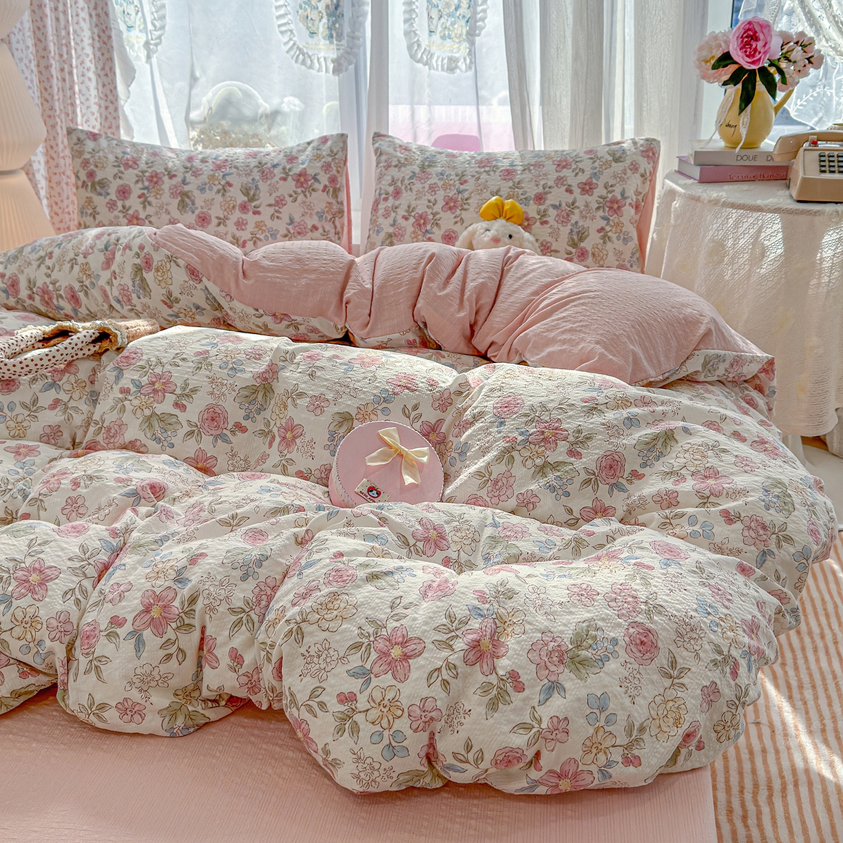 91家纺网 家纺一手货源 找家纺 铺尚美家纺 2026春夏新品高克重A类泡芙纱泡泡皱皱纱四件套 温莎粉