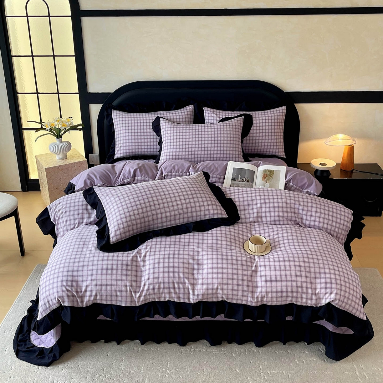 91家纺网 家纺一手货源 找家纺 麦田家纺 2026新款花边夹棉床盖四件套-西西里岛 西西里岛-浅紫