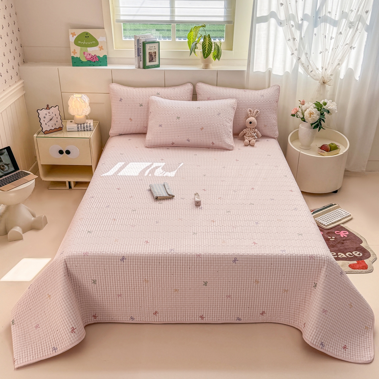 91家纺网 家纺一手货源 找家纺 康纳利 2026新款全棉床盖学生夹棉薄款床盖床垫三件套四季通用 蝴蝶结粉