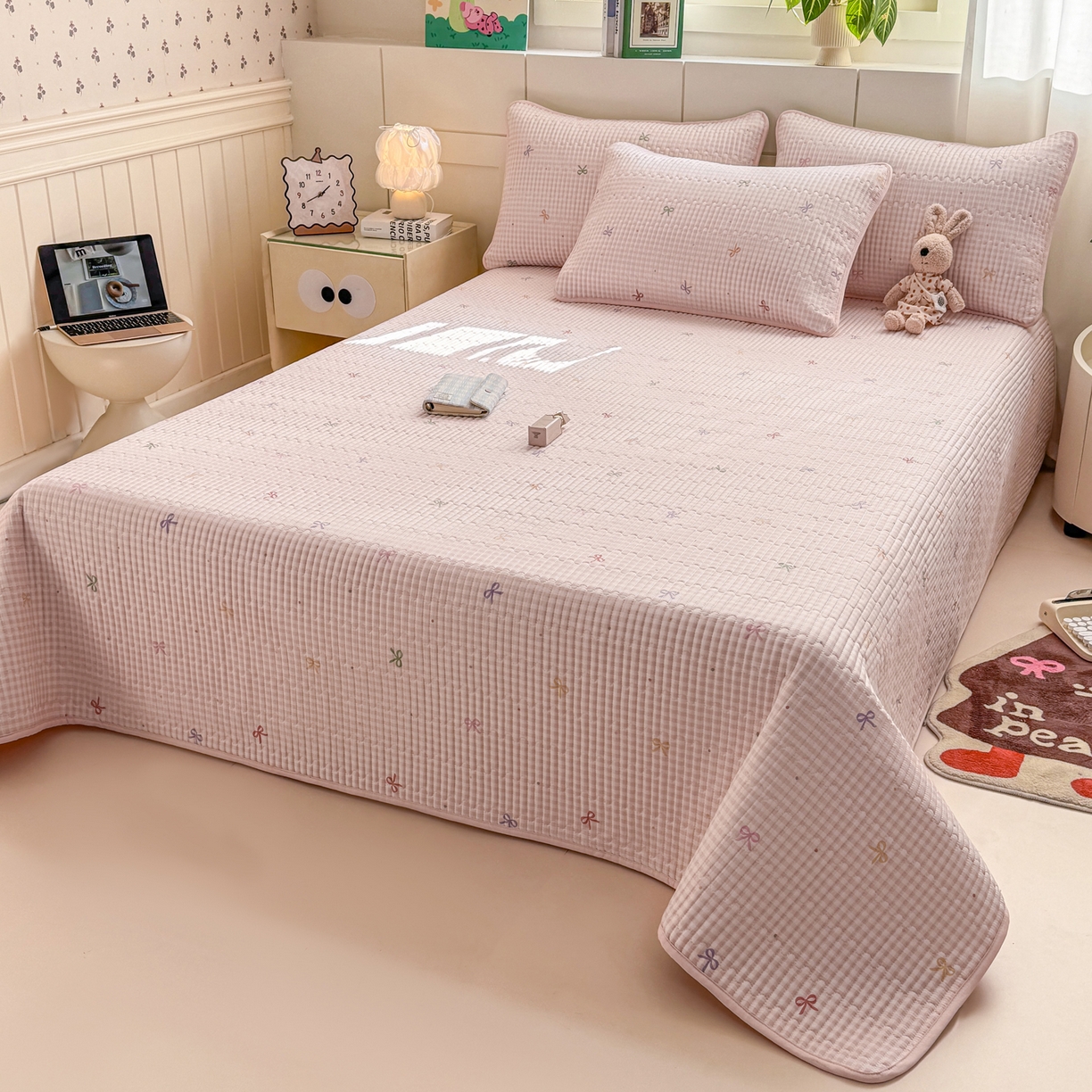 91家纺网 家纺一手货源 找家纺 康纳利 2026新款全棉床盖学生夹棉薄款床盖床垫三件套四季通用 蝴蝶结粉